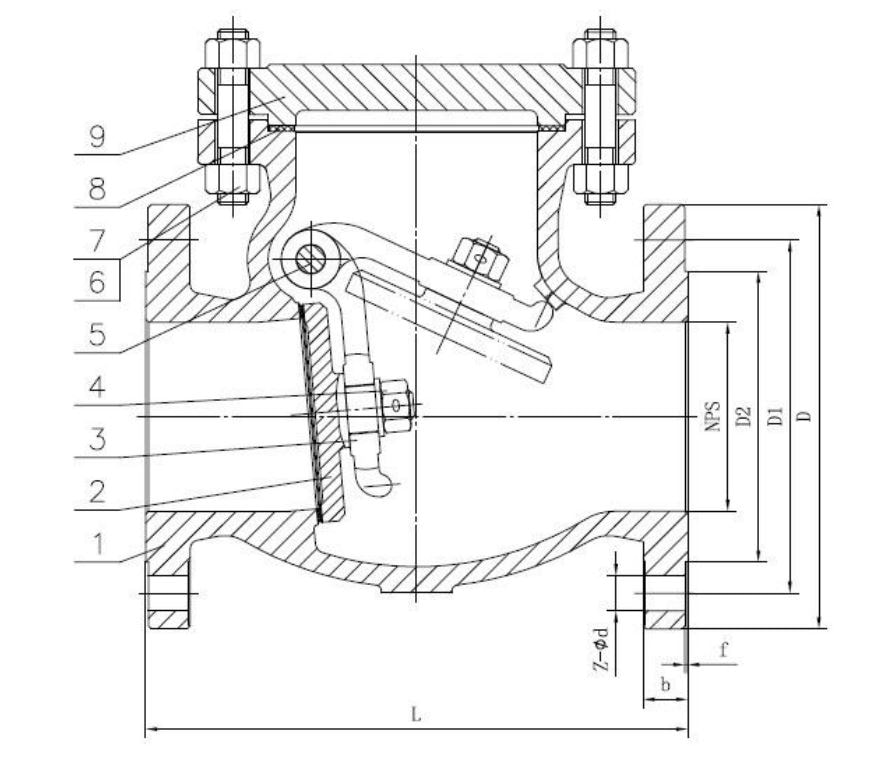 ANSI 150# SS316 Flange End Swing Check Valve Drawing