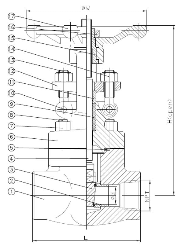 Threaded End Forged Steel Gate Valve Drawing