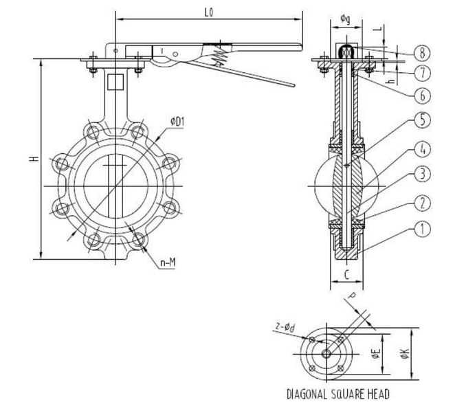 ANSI 150# Cast Iron Lug Type Butterfly Valve​ Drawing